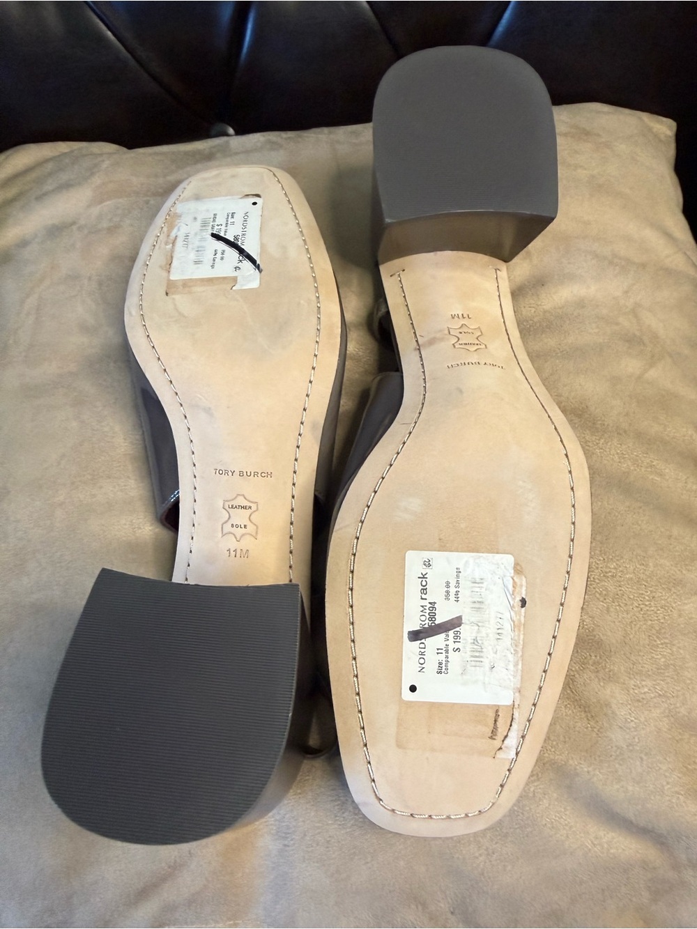 Tory Burch Taupe Patent Leather Slingback Heels with Gold Logo - Picture 8 of 15